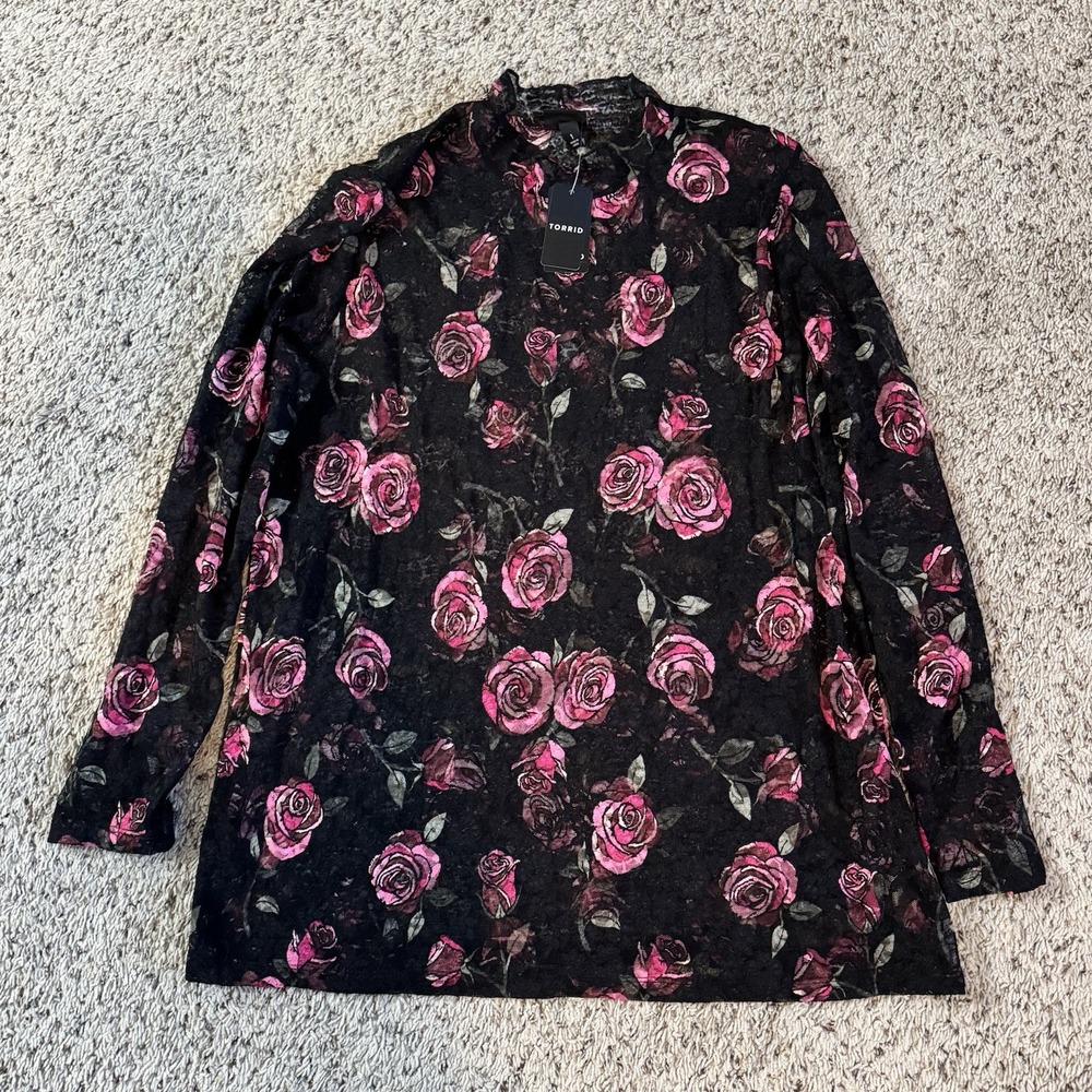 Torrid Floral Mesh Sheer Top Size 1‎ Plus Long Sleeve Black Pink NWT